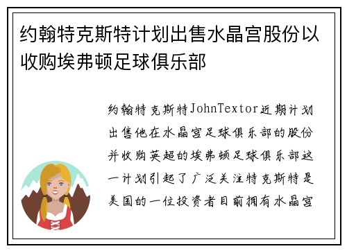 约翰特克斯特计划出售水晶宫股份以收购埃弗顿足球俱乐部