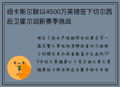 纽卡斯尔联以4500万英镑签下切尔西后卫霍尔迎新赛季挑战